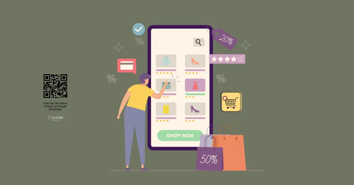 صورة بها شخص يعمل علي موبايل تعبر عن التسوق عبر الانترنت من متجر الكتروني وتركز إلى كيفية إنشاء متجر إلكتروني ناجح؟ ومرسم عليها qr code يحتوي على رقم واتساب للتواصل